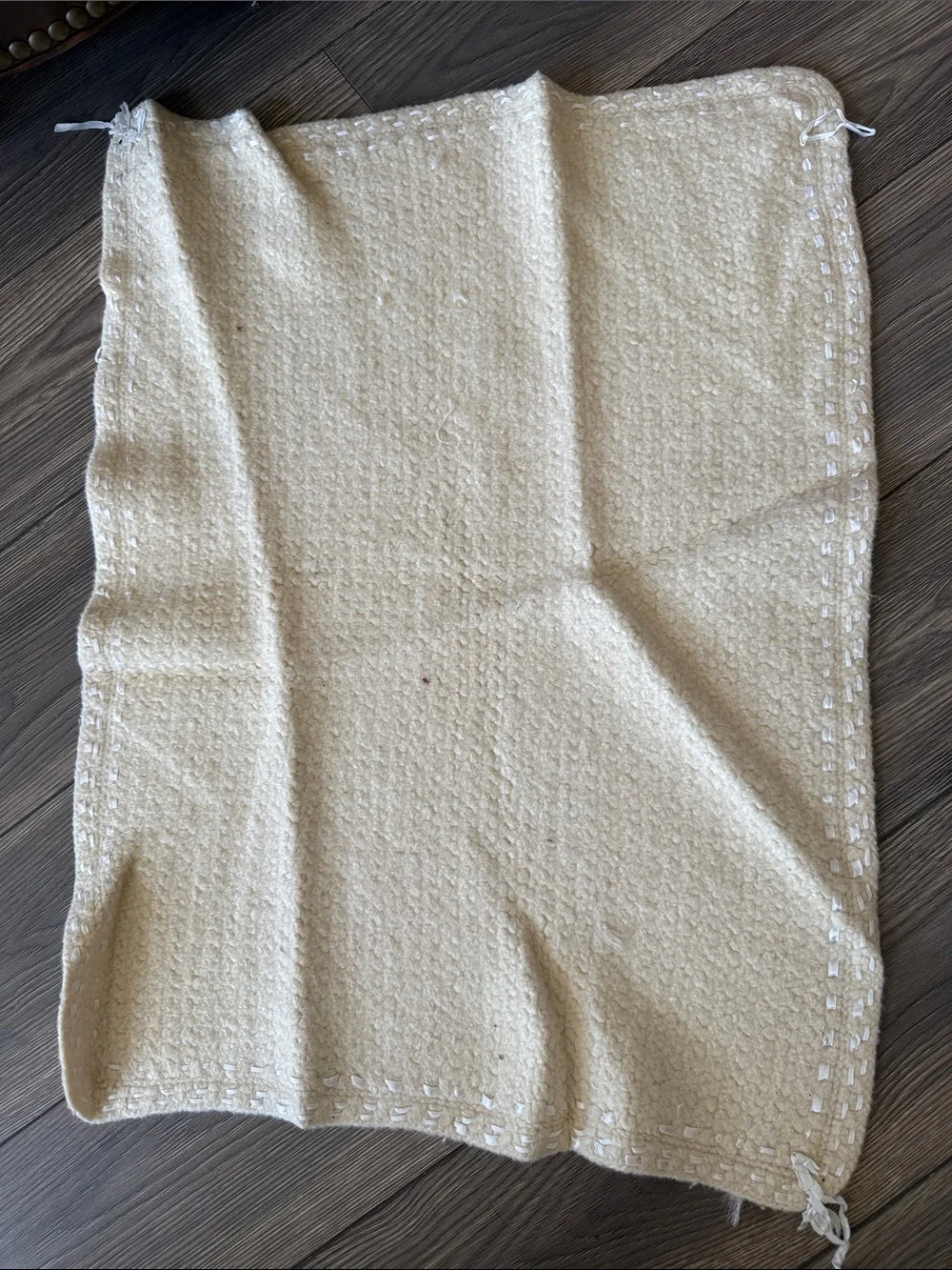 Vintage Cream Wool Baby Blanket Hand Laced Satin Ribbon 24x31